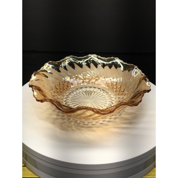 Vintage Indiana Carnival Amber Glass Bowl Round Scalloped Edged 7.5" - Picture 3 of 13